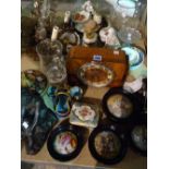 Ceramics & collectables including; walnut mantel clock, gilt metal and glass ceiling light framed,