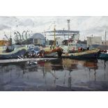 Russian School (20th century), Dock scene, oil on canvas, signed in cyrillic,