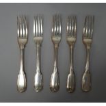 Twenty-one silver fiddle and thread pattern table forks, varous dates and makers,
