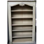 A large distressed painted floor standing open bookcase on plinth base, 150cm wide x 218cm high.