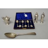 Silver and silver mounted wares, comprising; a set of six Victorian coffee spoons, Birmingham 1897,