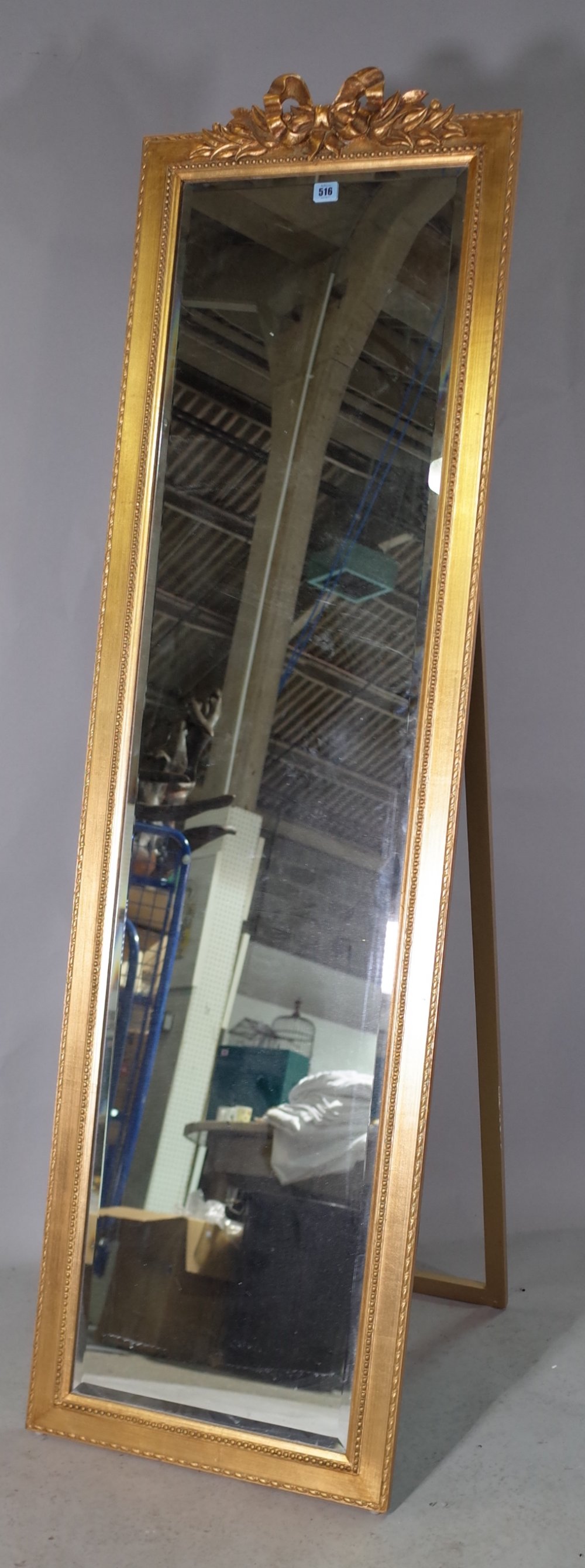 A 20th century gold painted floor standing dressing mirror with ribbon tied crest, - Image 2 of 2