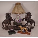 A pair of 20th century Spelter figures of Marley horses 28cm high,
