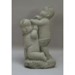 A modern stone figural group depicting two Chinese wrestlers, signed 'SOMCAIAT' 47.5cm high.
