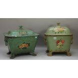 A Regency green painted tole peinte coal bin, redecorated 38.