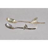 A silver spoon, the handle applied with a cast model of a bird, in the arts & crafts style,