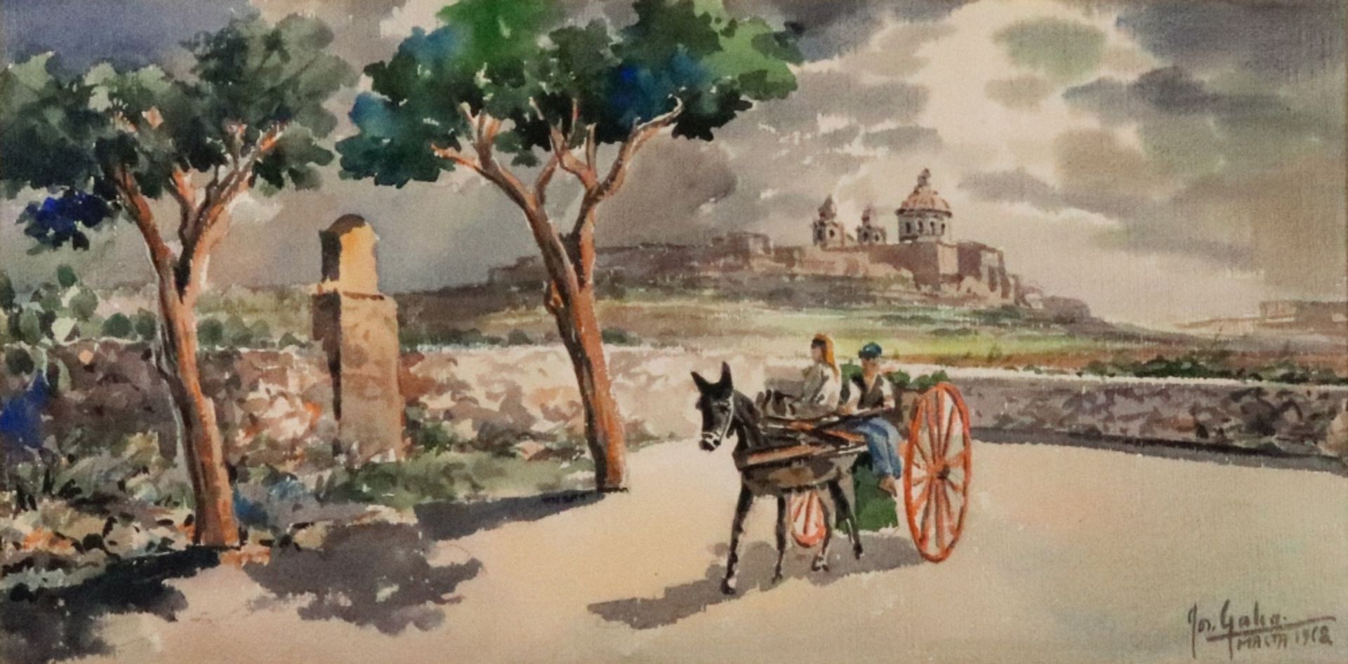 Joseph Galia (Maltese, 1904-1985), Two figures with a mule and cart, signed,