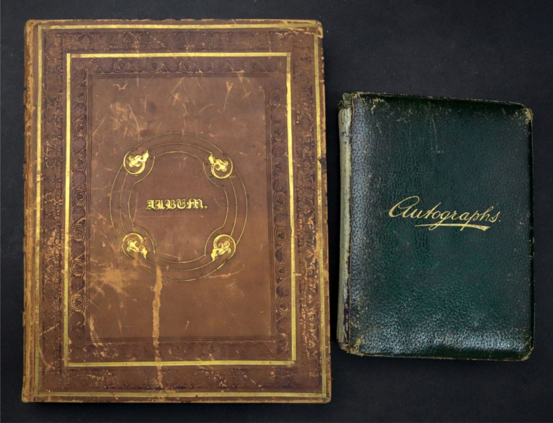 A Victorian gilt tooled leather bound album containing a collection of black and white engravings