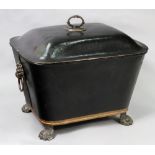 A Regency style black and gilt tole peintre coal cistern, the pull off cover with a gilt metal lift,