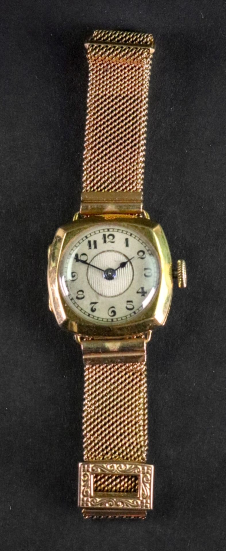 Aster Watch Co; an 18ct gold cushion shaped case lady's wristwatch, with a signed jewelled movement,
