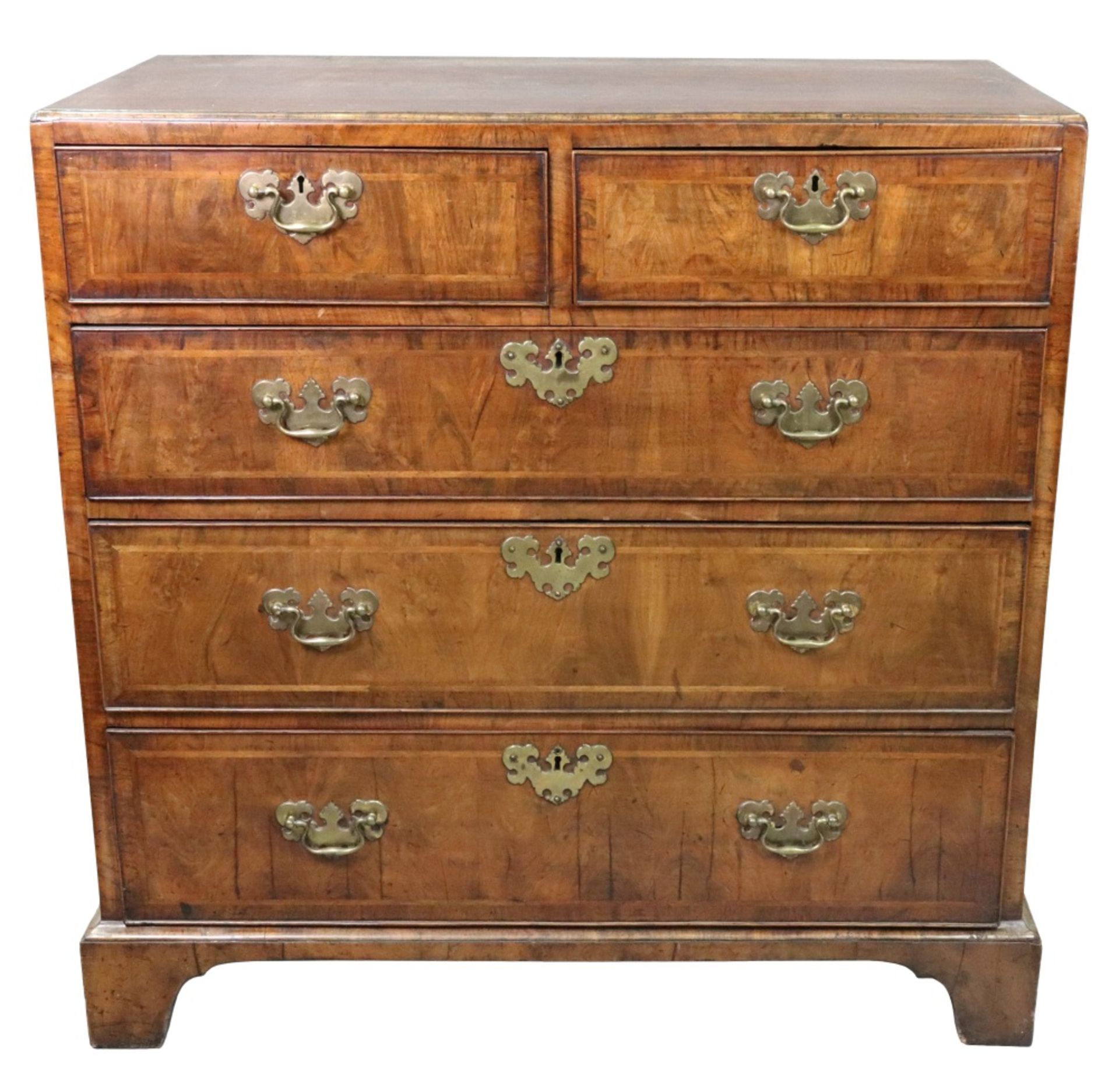 A George II walnut cross and feather banded chest,