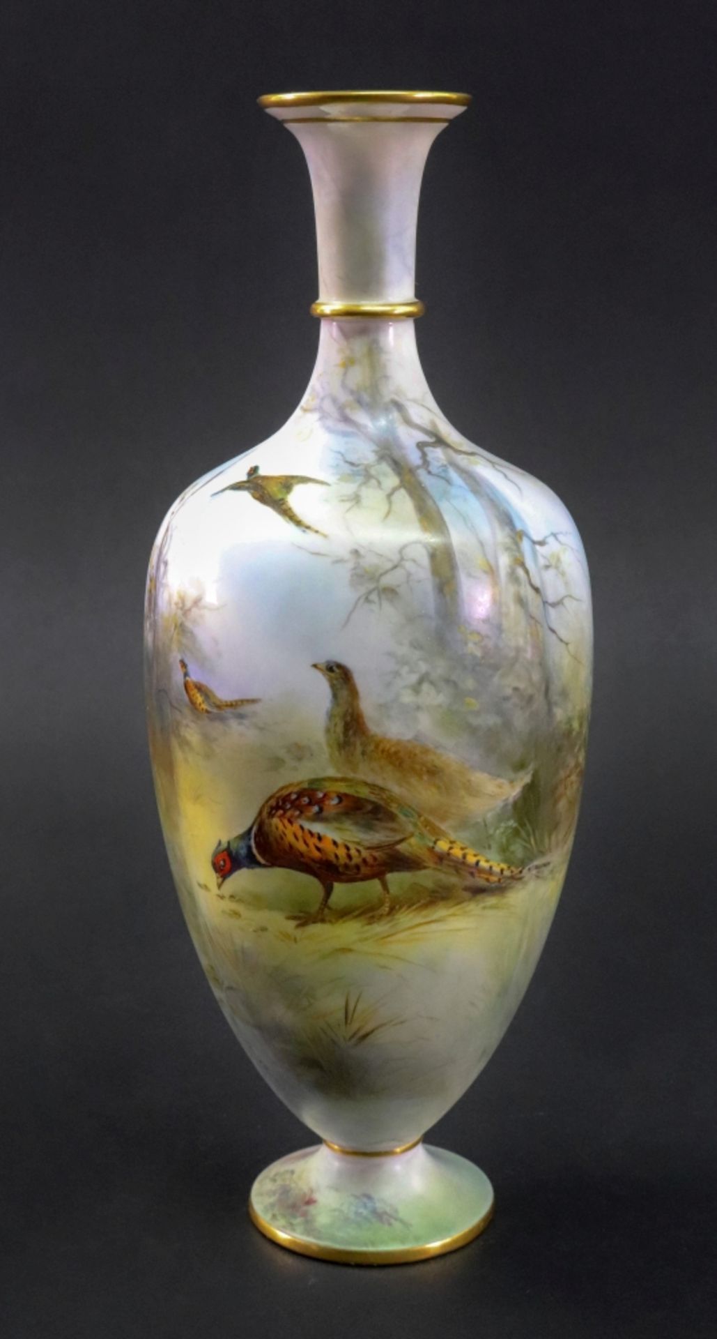 A Grainger Worcester vase, circa 1900, the slender lobed ovoid body painted by James Stinton,