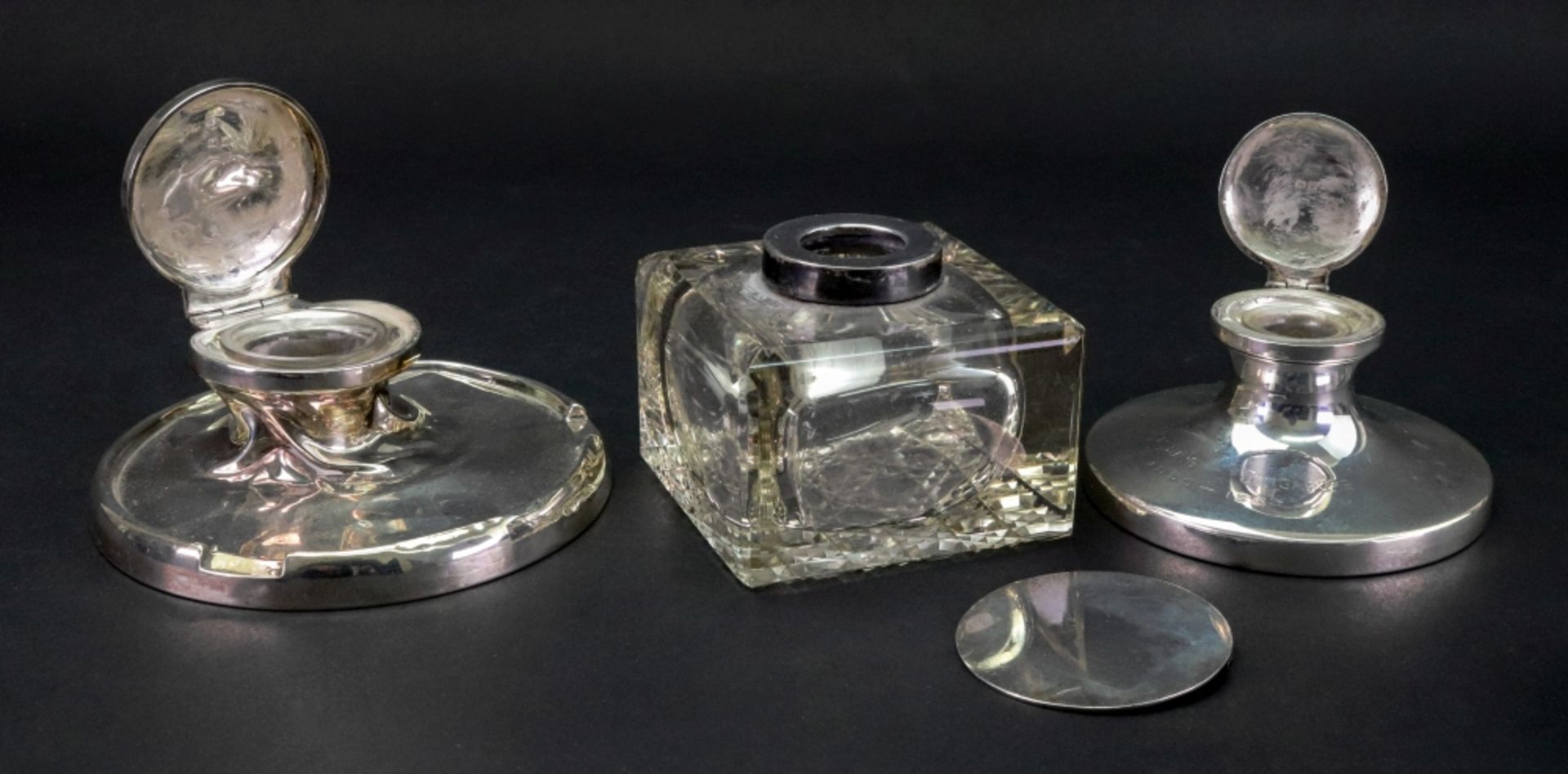 A silver mounted square block glass inkwell, Birmingham 1920,