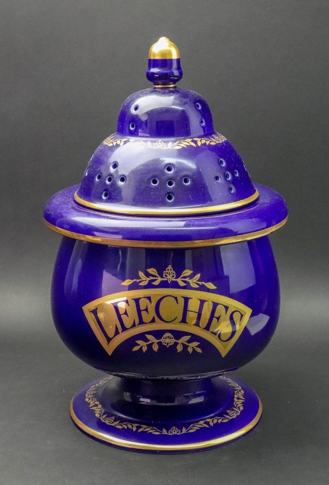 A blue ground 'Leeches' jar and pierced domed cover, modern,