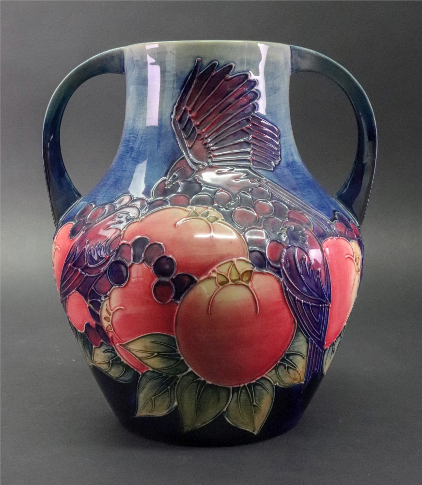 A Moorcroft two handled vase, circa 1994, tube lined and decorated with the 'Finches' pattern, - Image 2 of 2