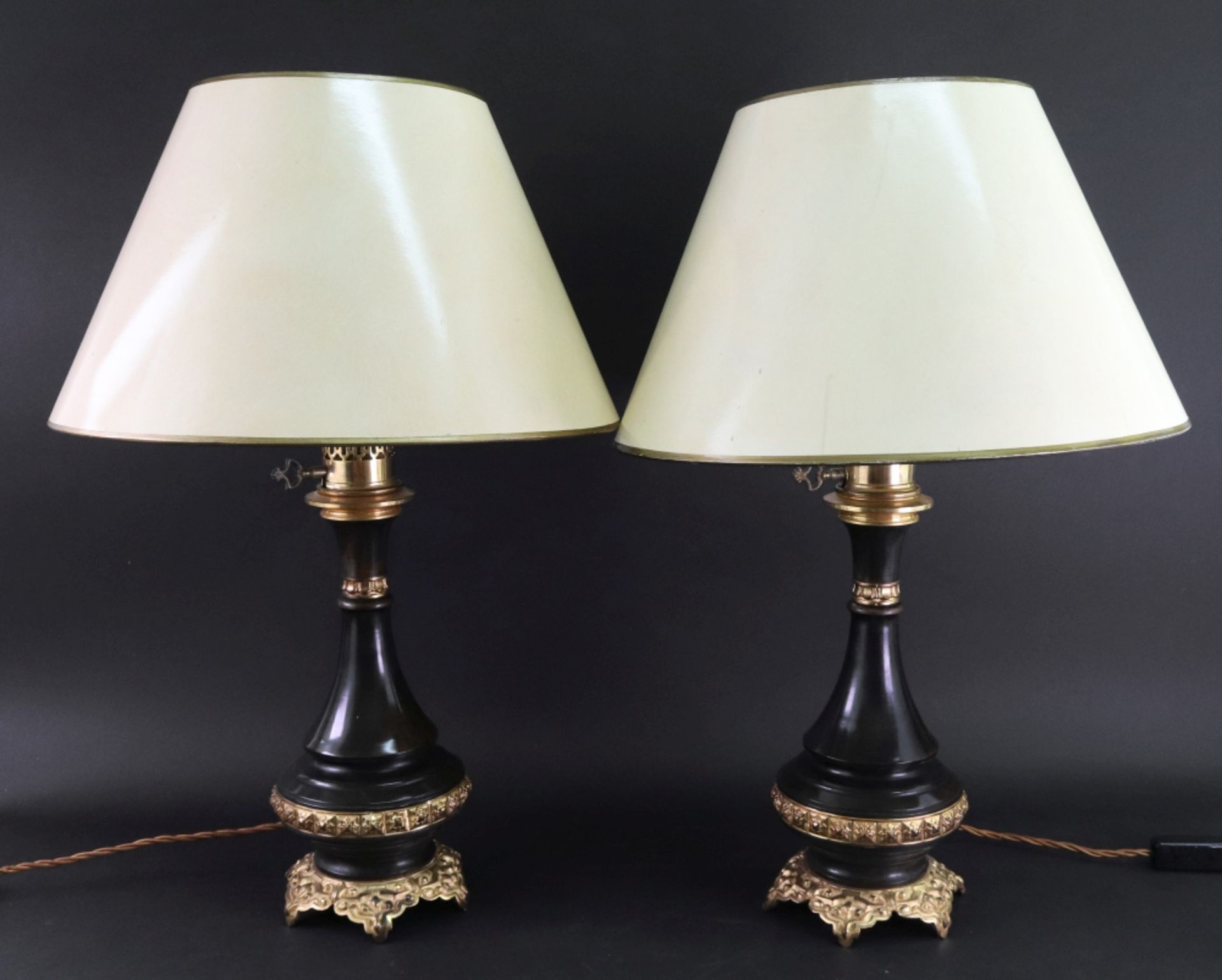 A pair of gilt metal and bronzed oil lamps adapted as table lamps, of vase form, - Image 2 of 2