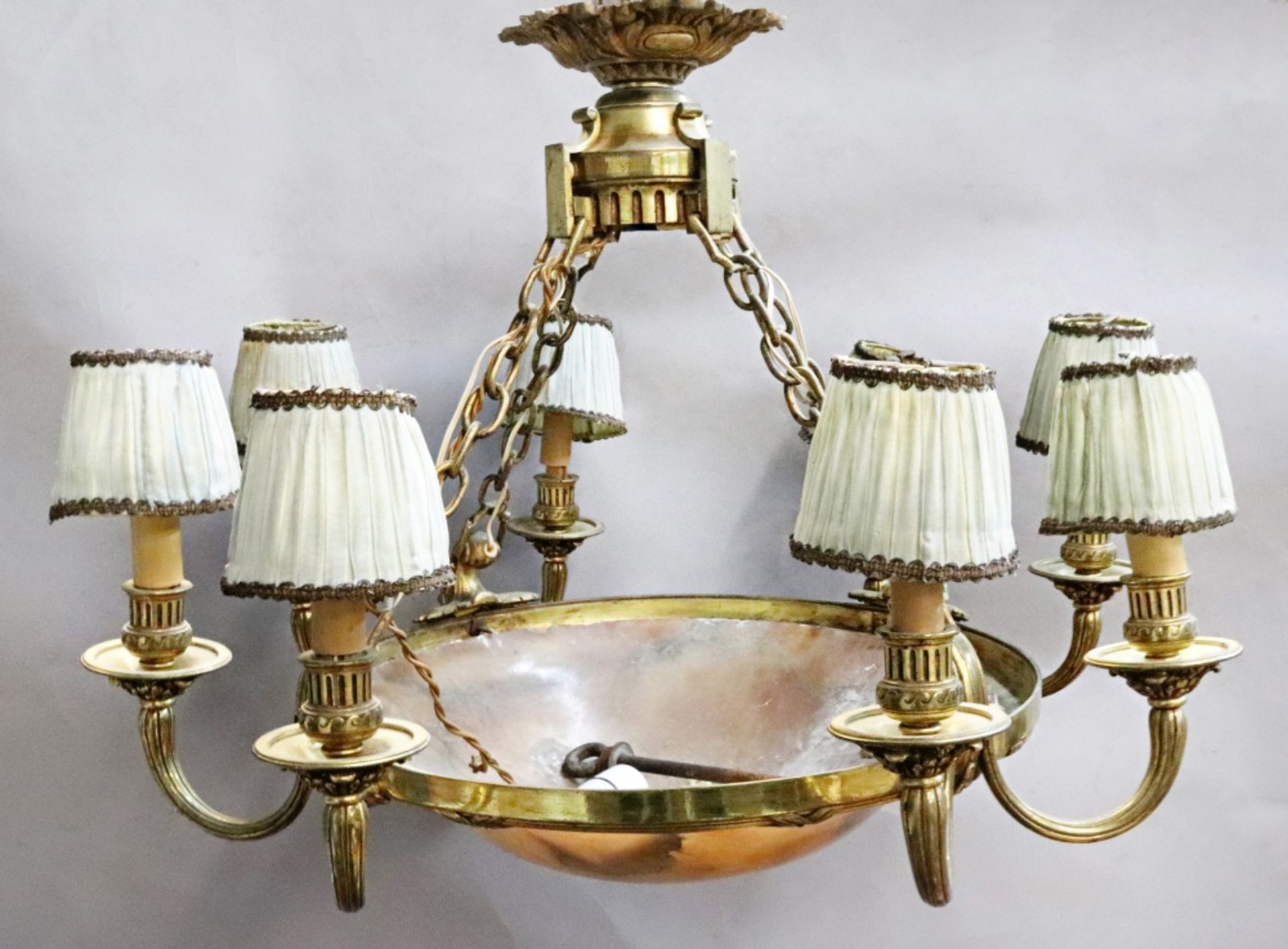 A French gilt metal eight light chandelier, early 20th century, with domed circular alabaster shade, - Image 2 of 3
