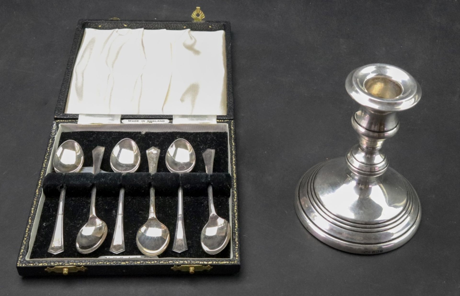 A late 17th century style silver turned column candlestick, Birmingham 1964,