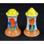 A Clarice Cliff salt and pepperette painted in the 'Crocus' pattern, 1930's, printed marks, 8.