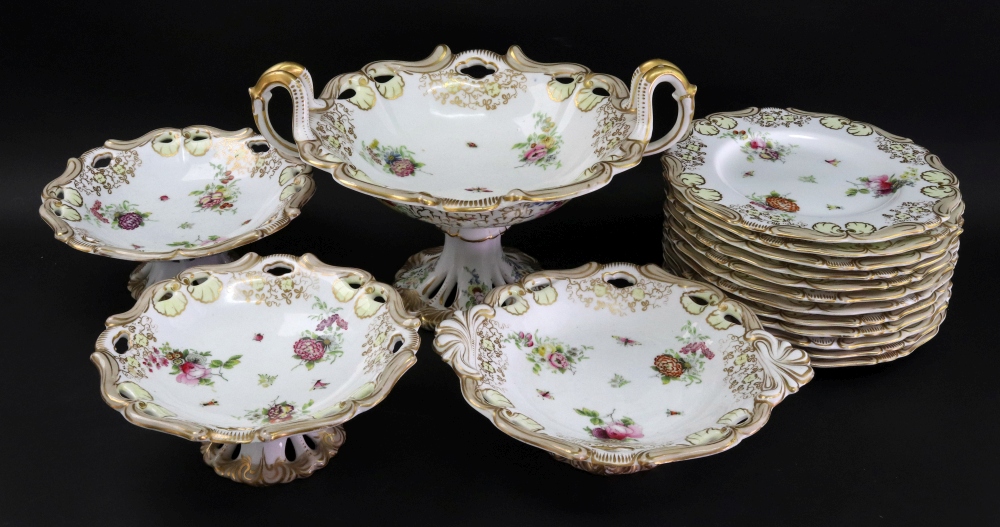 A Staffordshire porcelain sixteen piece part dessert service, circa 1840,