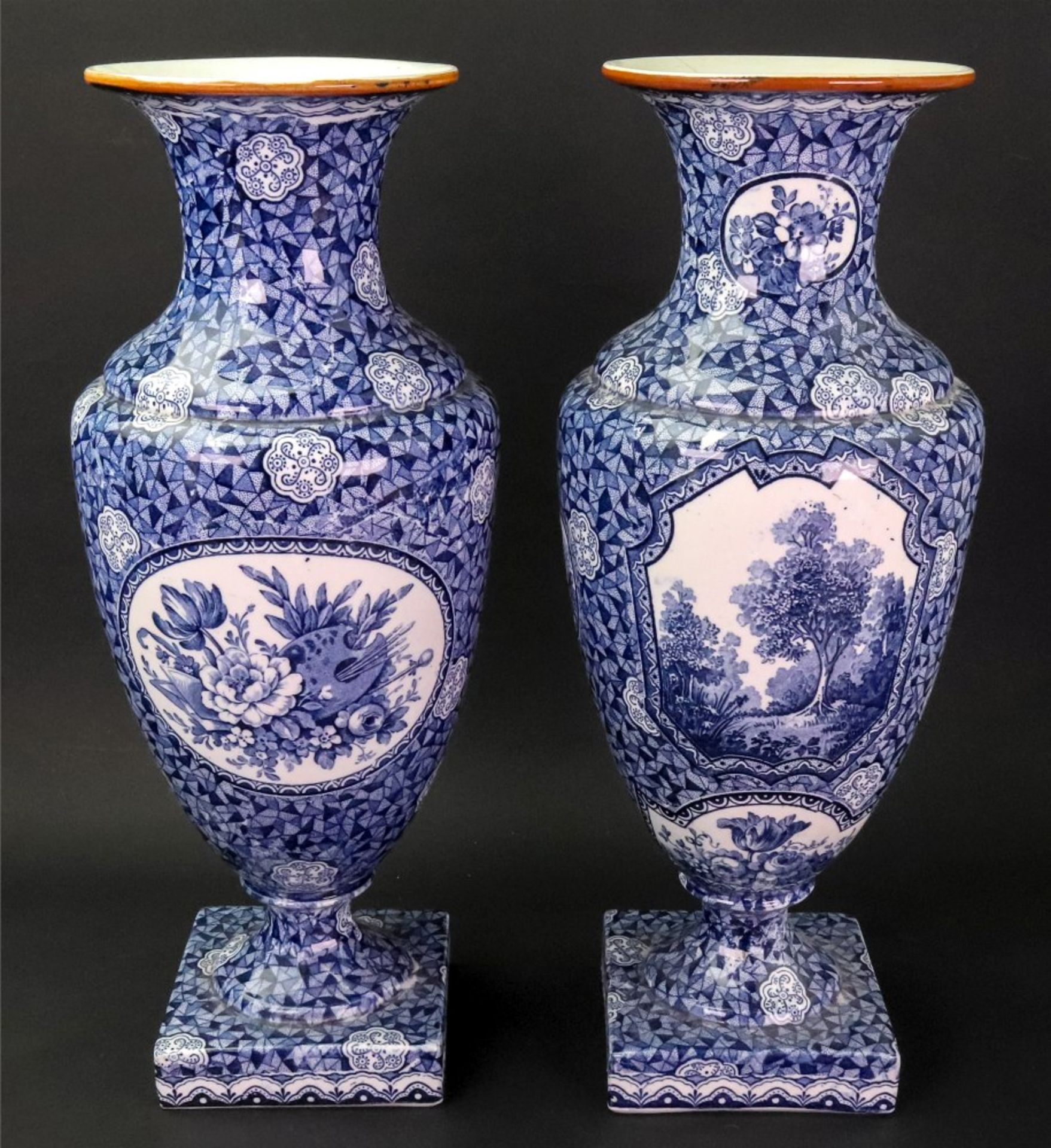A pair of Royal Bonn Flamand pattern blue and white printed ovoid vases, late 19th century, - Bild 2 aus 5