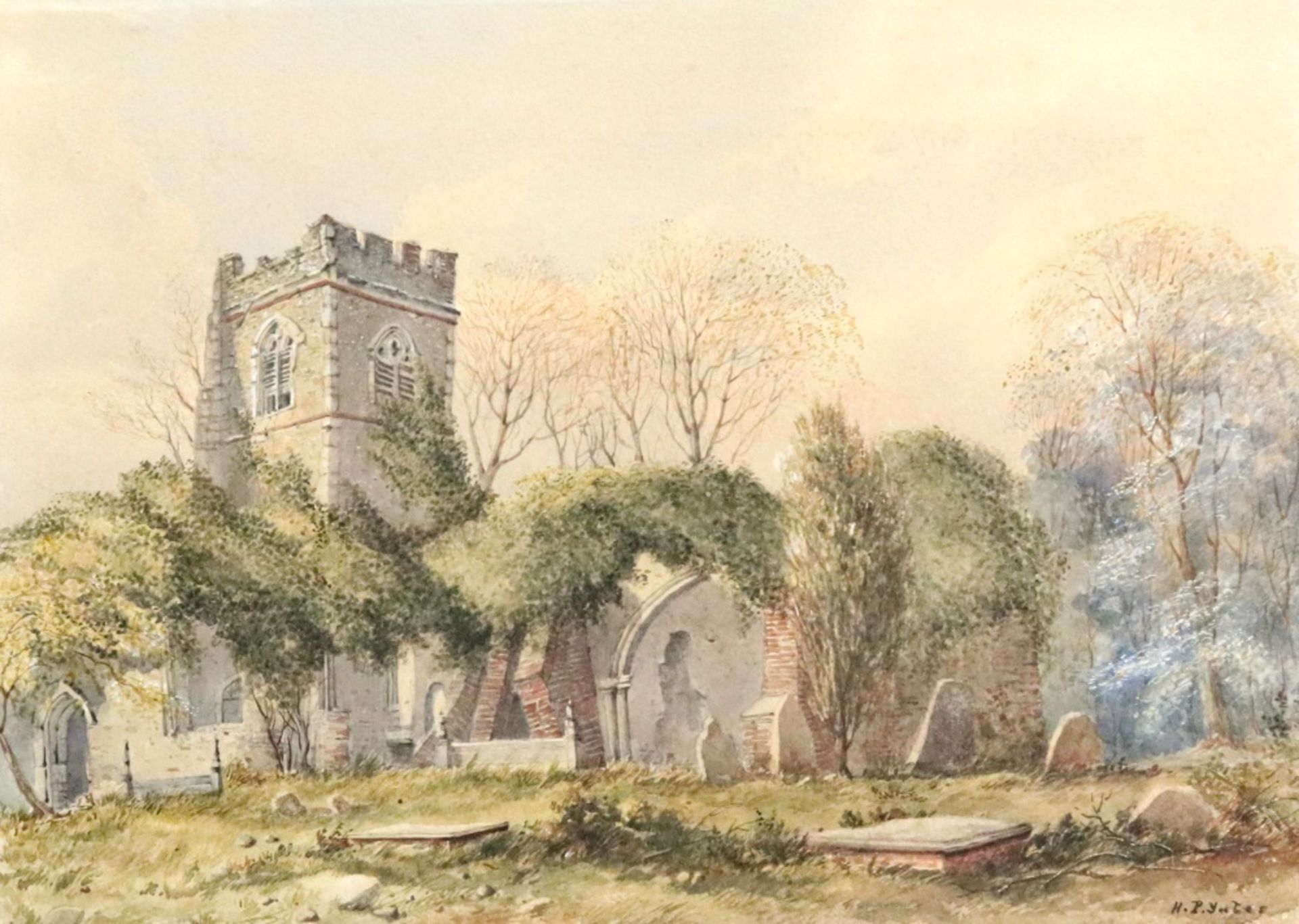 H P Yulis (British, 19th Century) Ruined church at Argot?, Hertfordshire,
