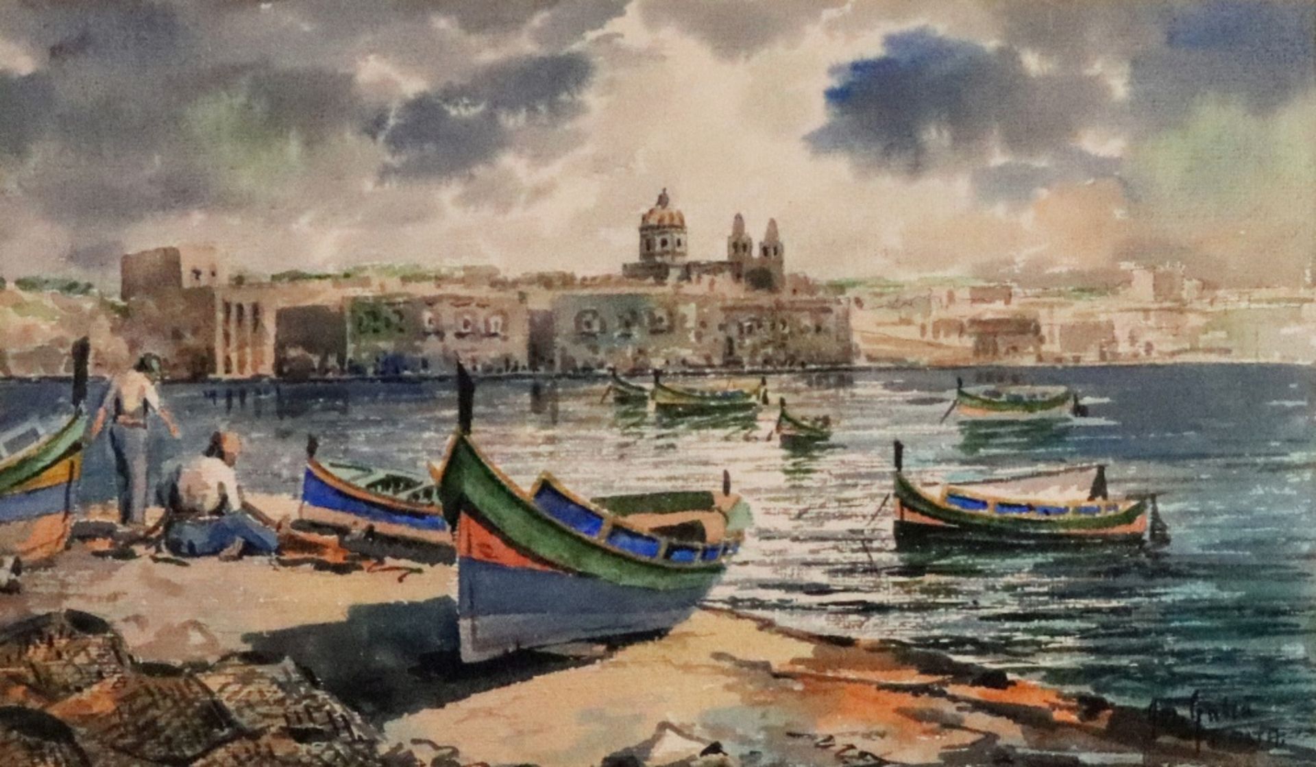 Jospeh Galia (Maltese, 1904-1985), A Maltese harbour, signed and inscribed 'Jos Galia,