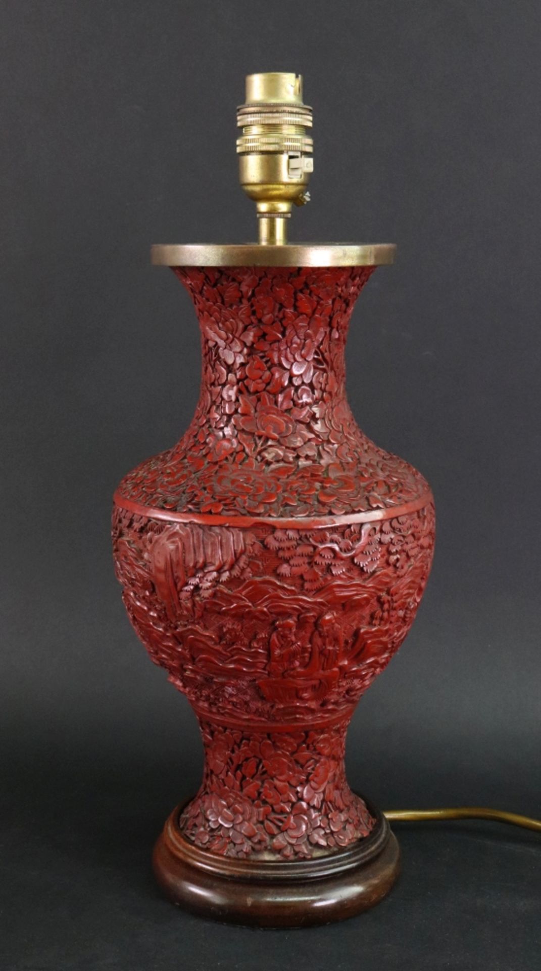 A Chinese cinnabar lacquer baluster vase adapted as a table lamp, 20th century,