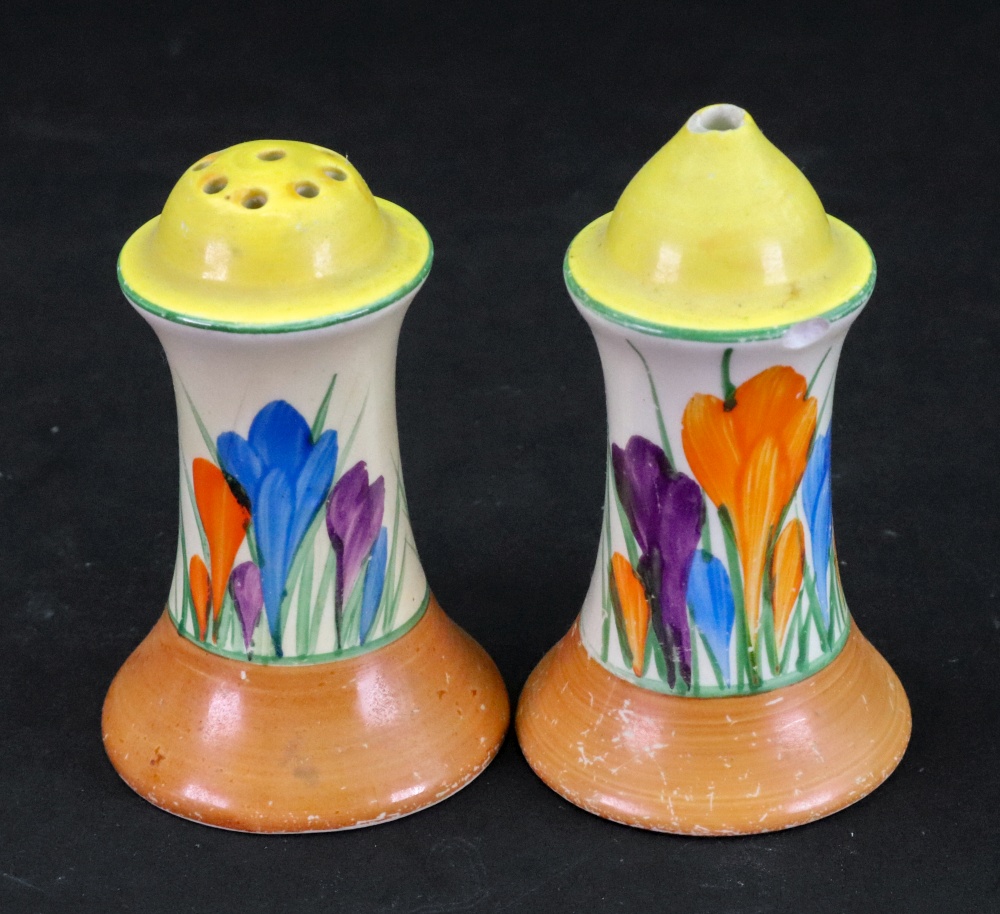 A Clarice Cliff salt and pepperette painted in the 'Crocus' pattern, 1930's, printed marks, 8. - Image 2 of 3