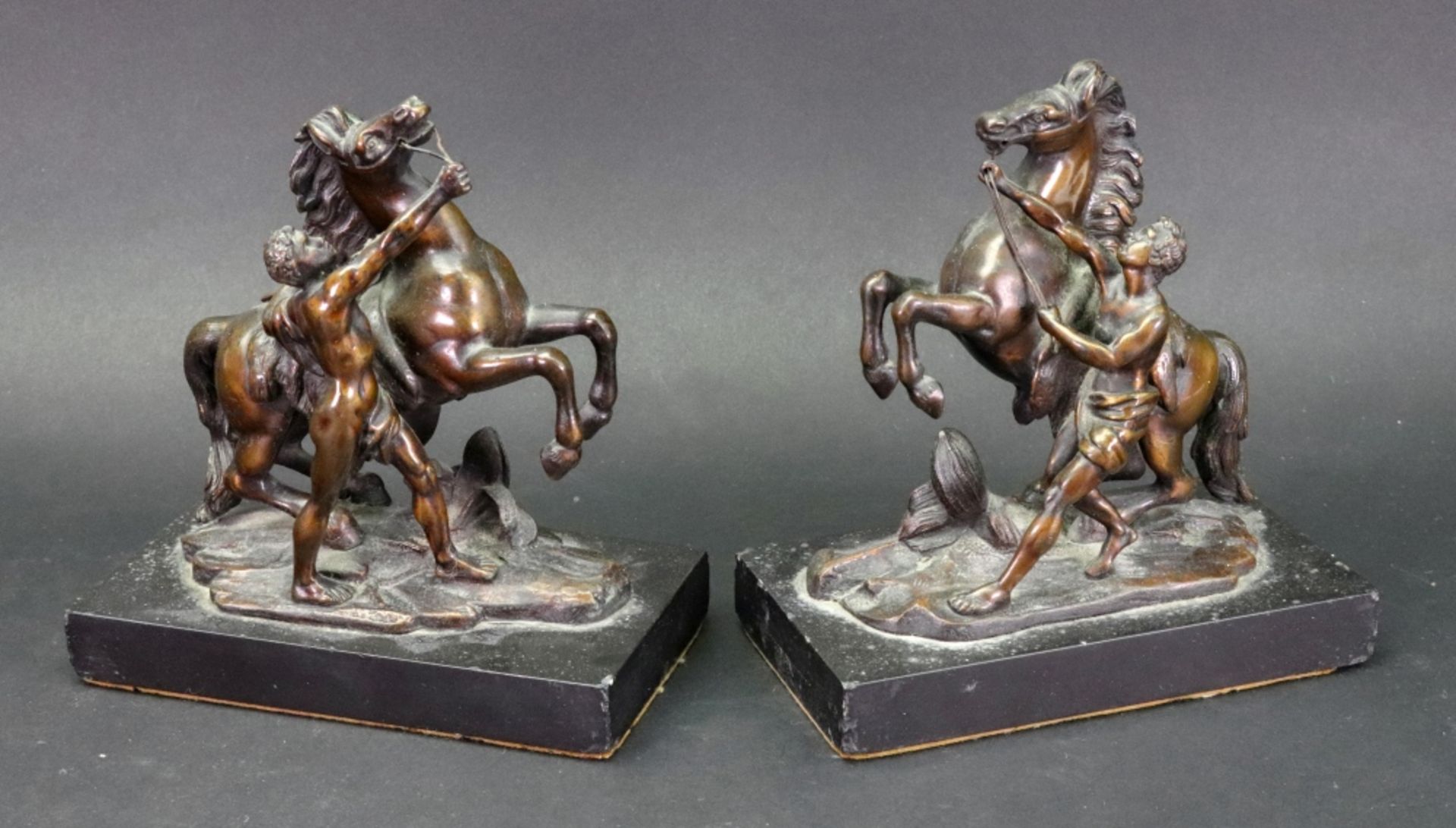 A pair of bronze figures of Marley horses and grooms, after the antique, second half 19th century,