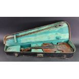 A violin, 60.5cm long, together with a bow in fitted Reliance leather carrying case.