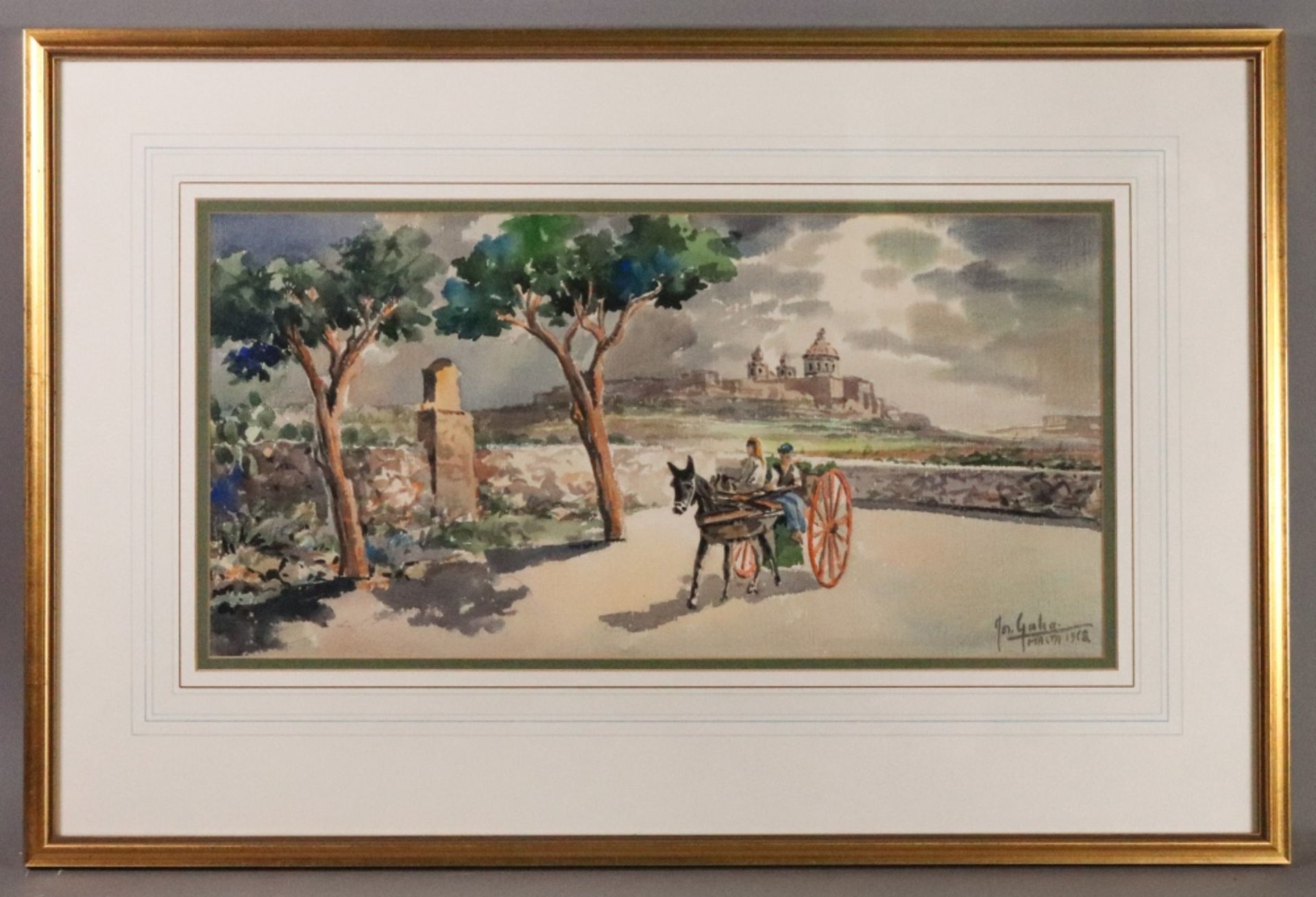 Joseph Galia (Maltese, 1904-1985), Two figures with a mule and cart, signed, - Image 2 of 3