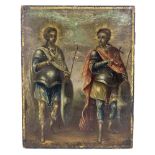 A Russian Icon depicting two military figures holding crosses, 27.5 x 21cm.