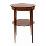 A George III mahogany boxwood strung oval two tier needlework table,