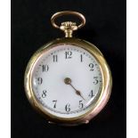 Ludwig Wirth, Wien; a 14ct gold keyless wind fob watch, the white enamel dial with Arabic numerals,