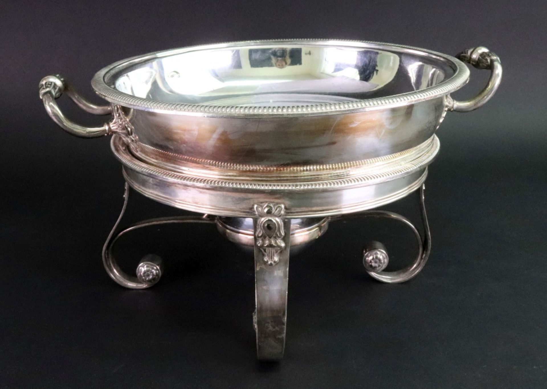 An Empire style electroplate circular entree dish on spirit heater stand, late 19th century, - Bild 2 aus 3