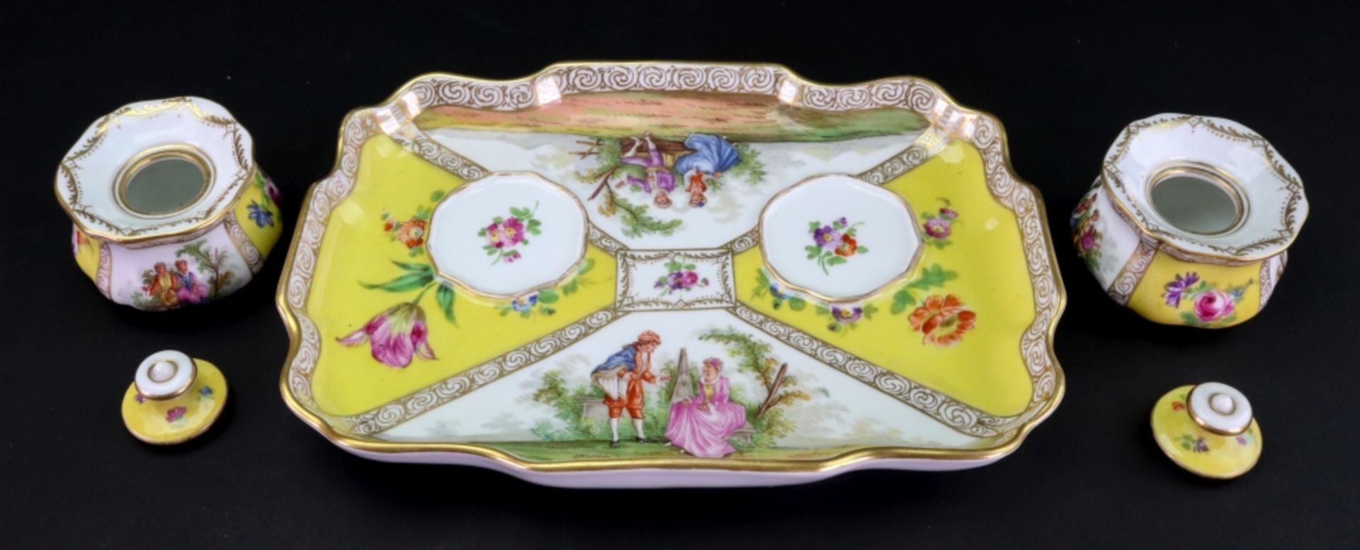 A Dresden yellow ground inkstand, circa 1900, of shaped rectangular form, - Image 2 of 3