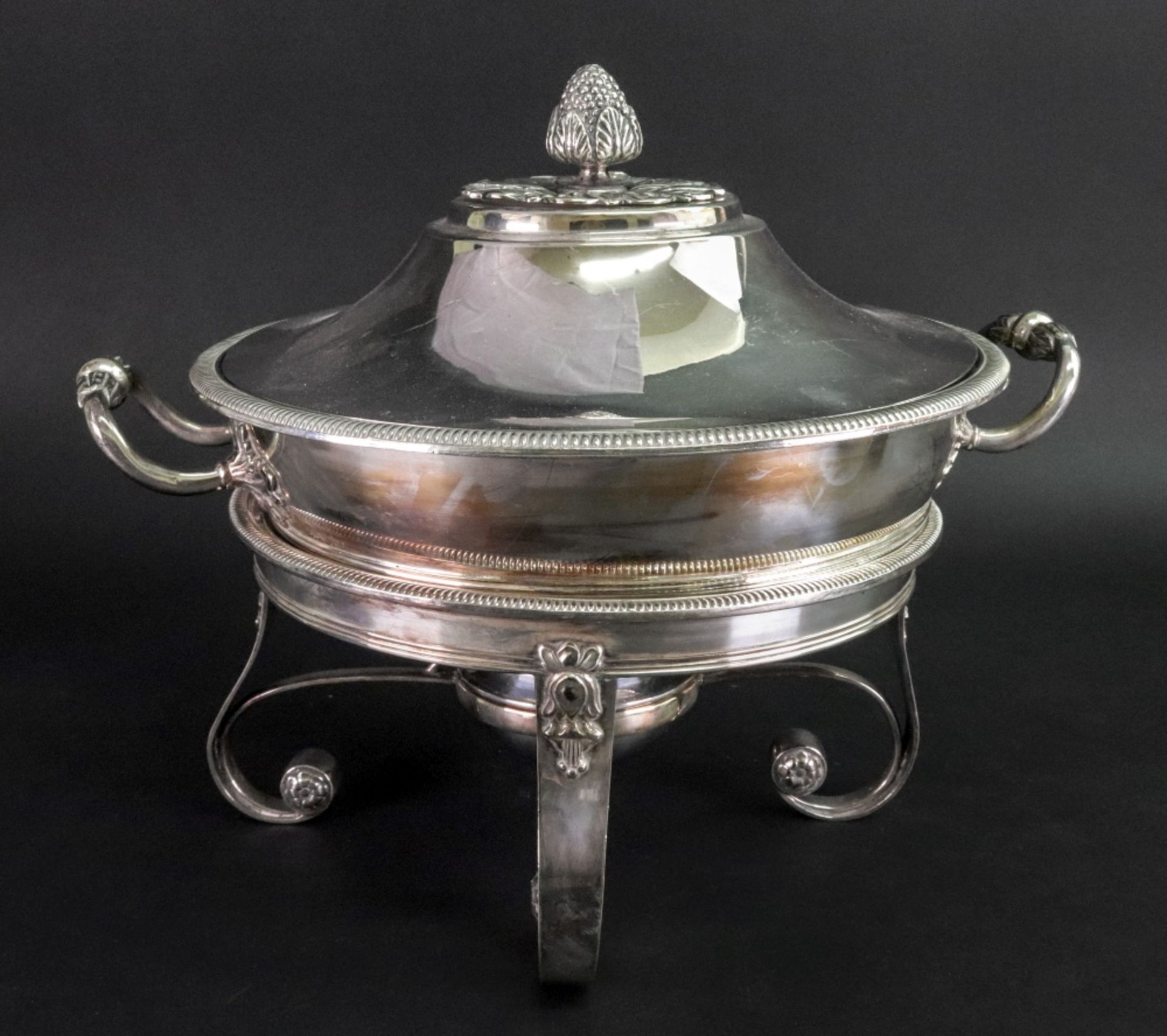 An Empire style electroplate circular entree dish on spirit heater stand, late 19th century,