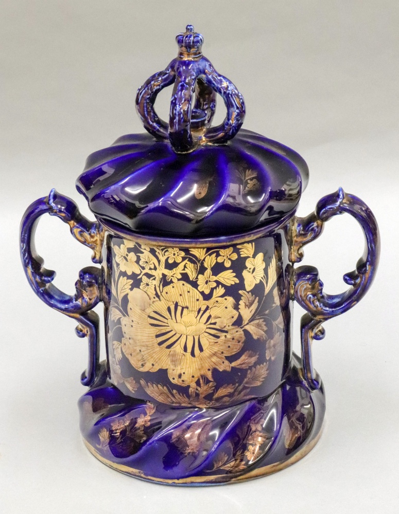 A Masons Ironstone jar and cover, circa 1815 - 20, with twin scrolled side handles, mitre shape,