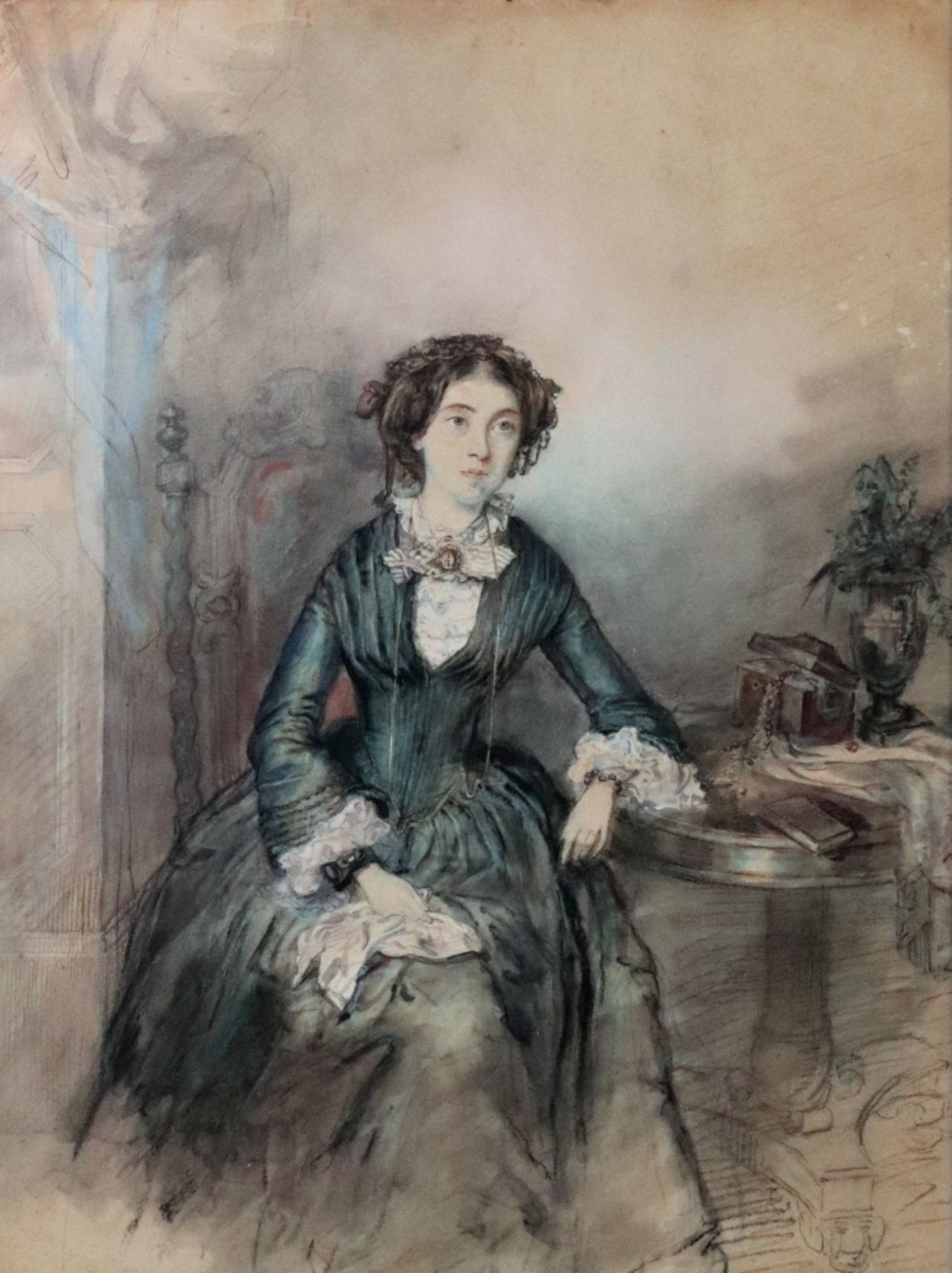 English School, 19th Century, A portrait of a seated lady, watercolour heightened with white,
