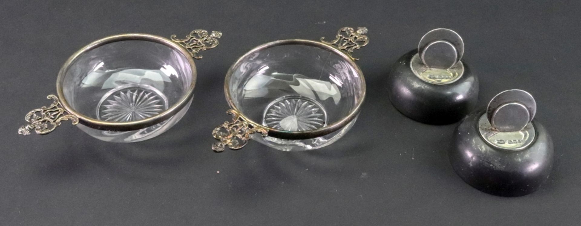 A pair of late Victorian silver mounted glass quaich, William Comyns, London 1894,