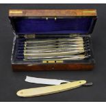 A Victorian rectangular burr walnut and brass bound campaign style case of Monday to Sunday razors,