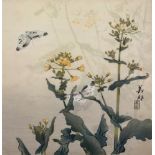 A Japanese watercolour of butterflies and flowers, signed, 24 x 23cm.
