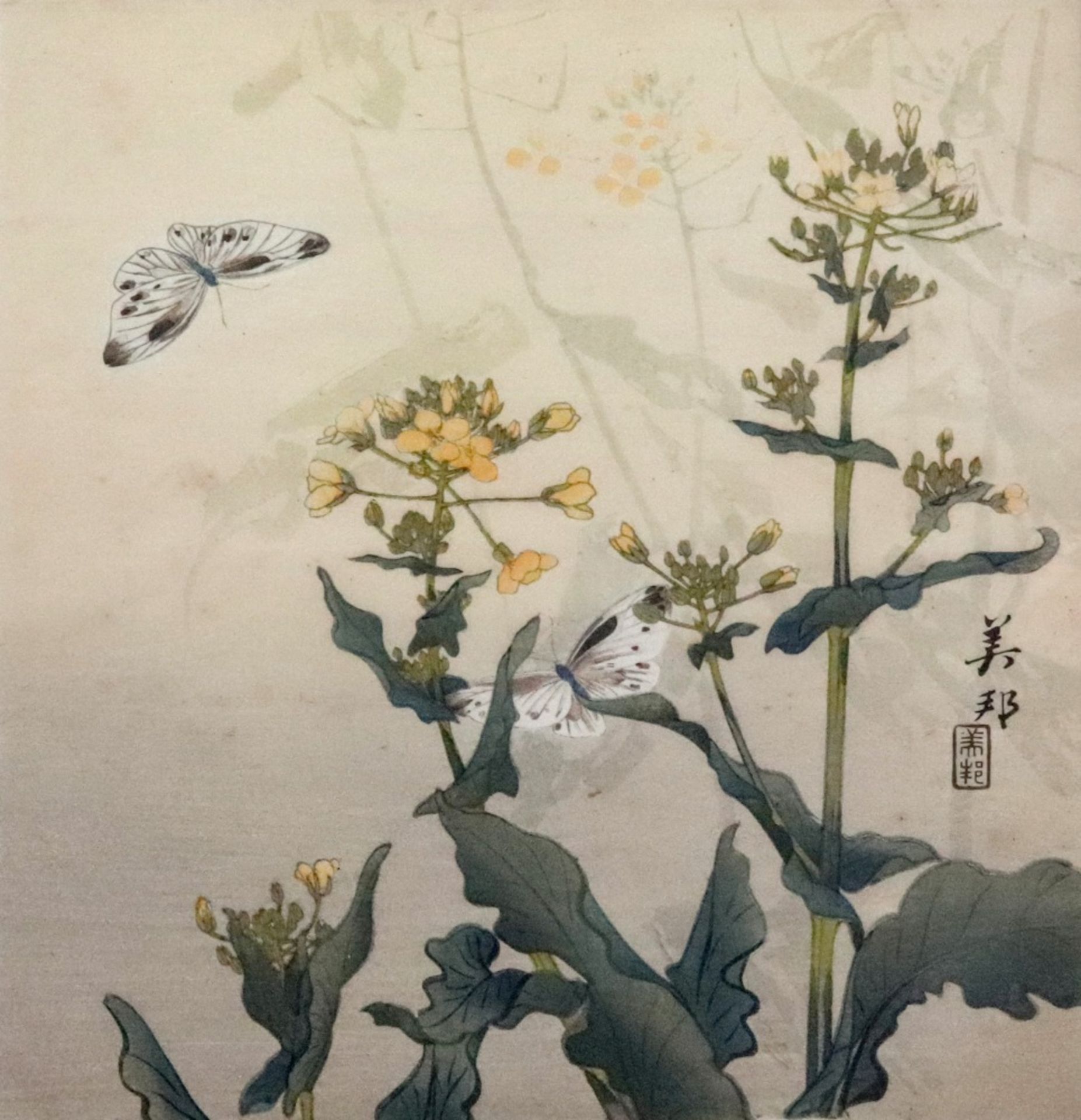 A Japanese watercolour of butterflies and flowers, signed, 24 x 23cm.