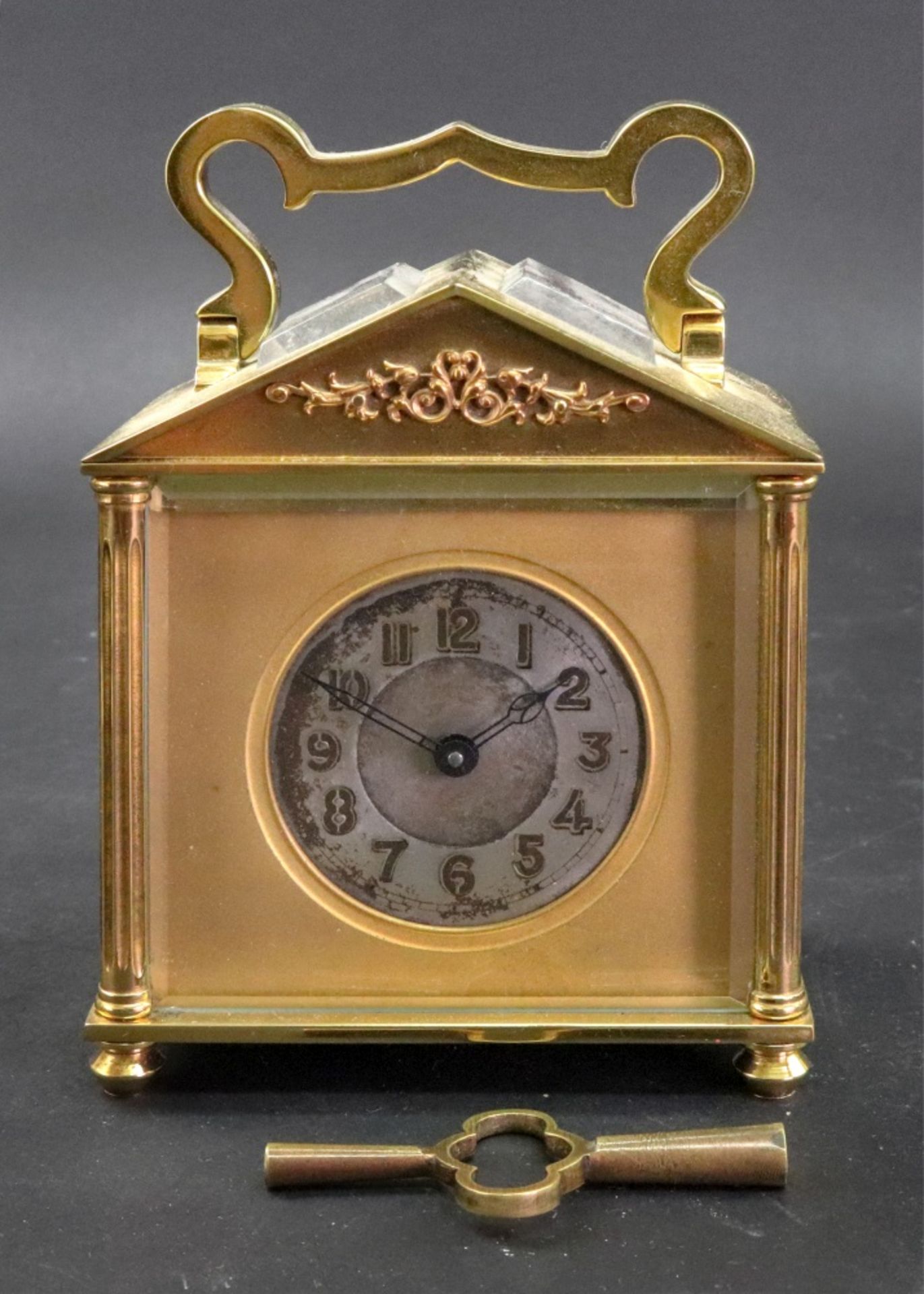 A French brass carriage timepiece, early 20th century, of architectural design,