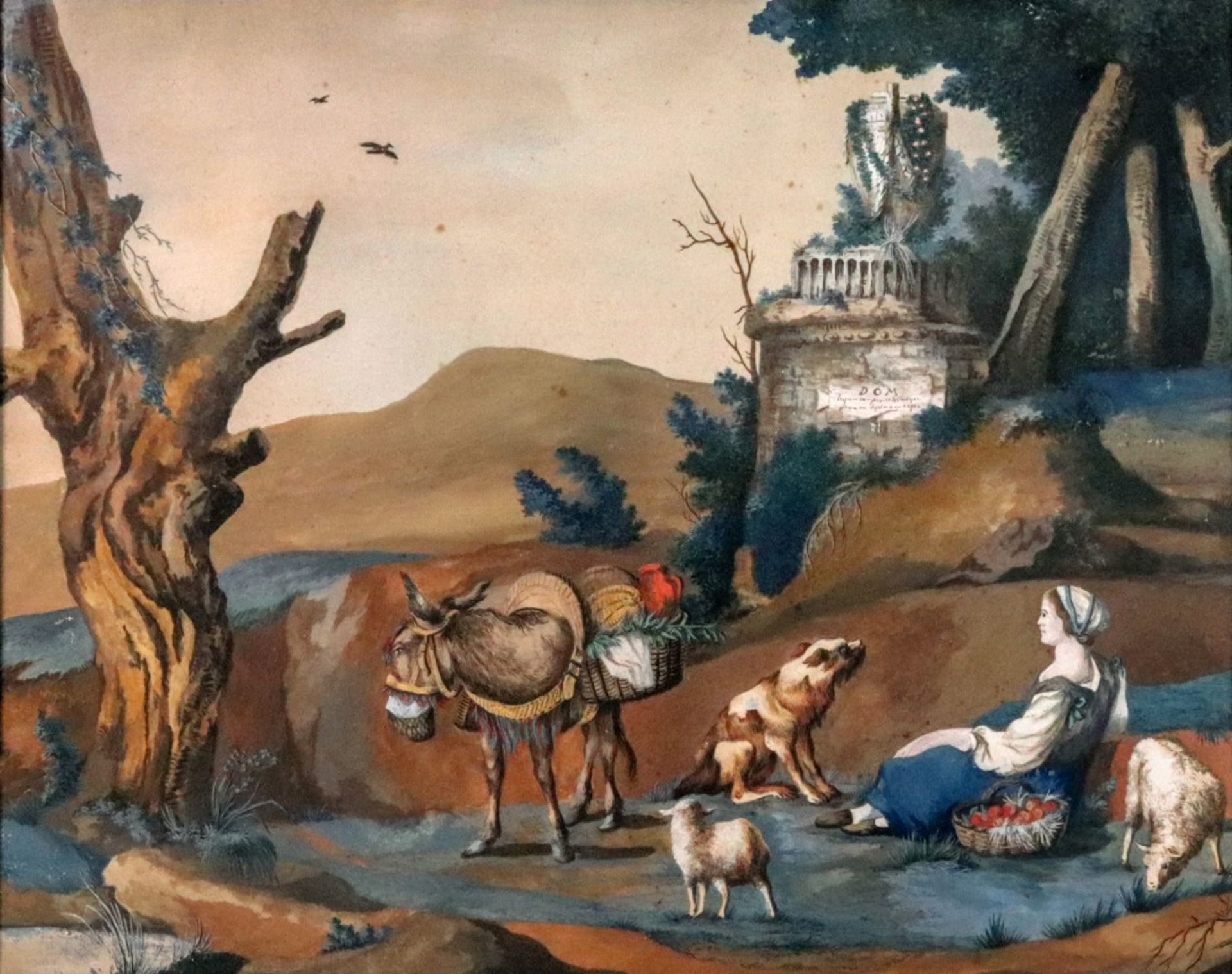 European School, 19th Century, A seated woman in a landscape with a basket of apples, a mule,