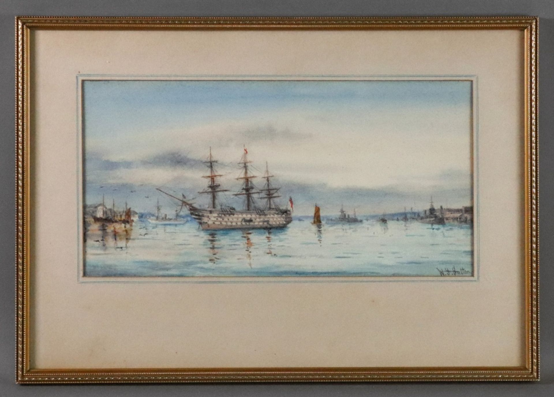 W J Sutton (British, late 19th/early 20th Century), A Royal Navy square rigged ship, - Image 2 of 2