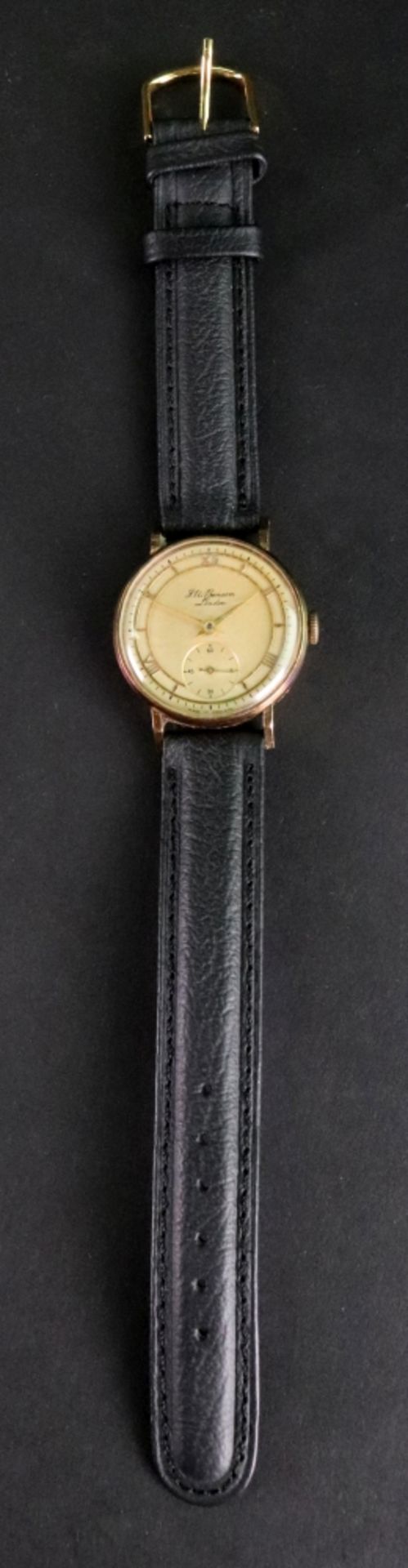 J W Benson; a gentleman's 9ct gold wristwatch, the dial with raised gilt Roman numerals, - Image 2 of 2