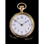 Waltham Watch Co; a 14ct gold keyless wind fob watch, the white enamel dial with Arabic numerals,