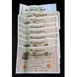 Seven German 1000 Mark banknotes, 1910, uncirculated, another,